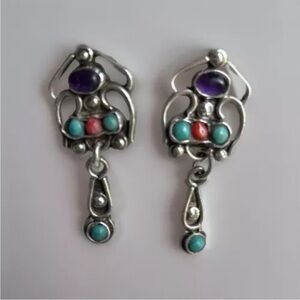 México Silver .925 Earrings Amythest, Coral, And Turquoise